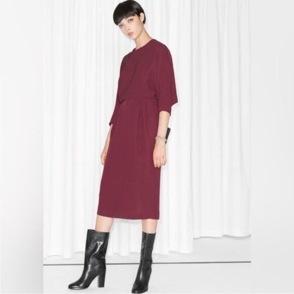 & Other Stories Burgundy Open Back Bat Wing Crepe Midi Dress 4 / S - Picture 3 of 13